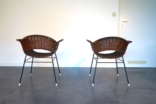 Vintage Basket Chairs in Rattan and Metal, 1950s, Set of 2-CIP-2035752