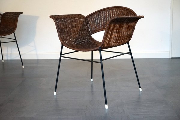 Vintage Basket Chairs in Rattan and Metal, 1950s, Set of 2-CIP-2035752