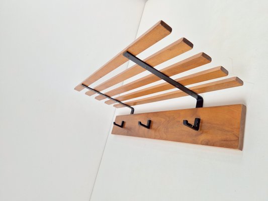 Vintage Bauhaus Teak Wood Wall Coat Rack & Hat Shelf, 1960s-AXJ-2038028