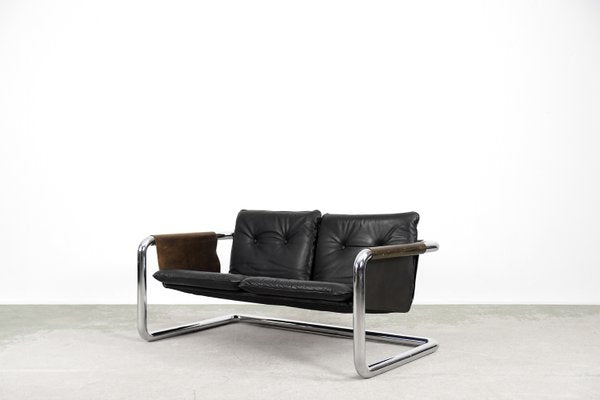 Vintage Bauhaus Tubular Metal & Leather Sofa, 1950s-ZAA-906328