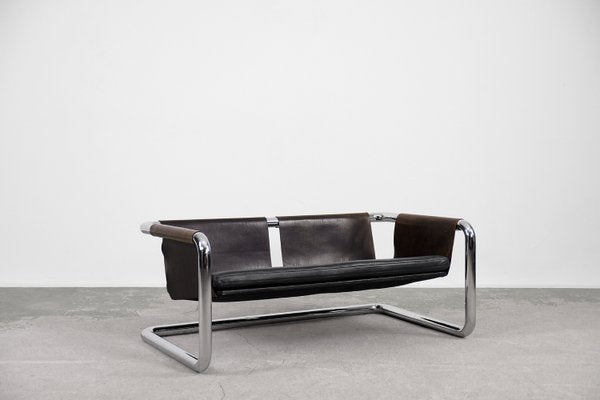 Vintage Bauhaus Tubular Metal & Leather Sofa, 1950s-ZAA-906328