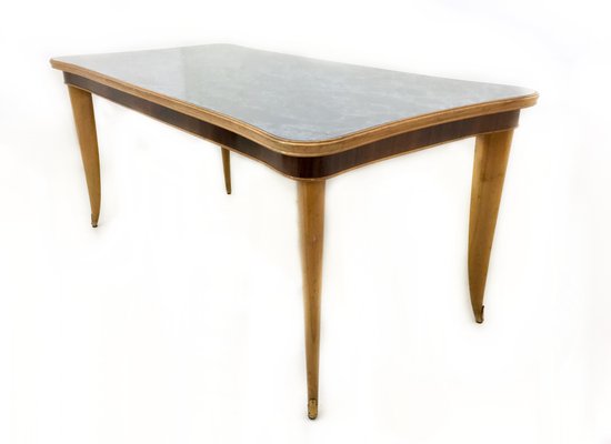 Vintage Beech and Maple Dining Table with Patterned Glass Top, Italy, 1950s-JPQ-2018406