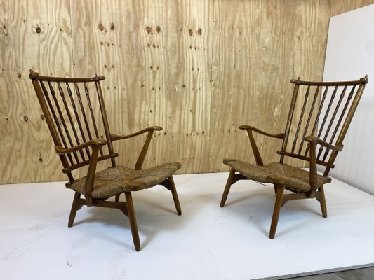 Vintage Beech Spindle High Back Lounge Chairs Set from De Ster Gelderland, 1950s, Set of 2-DE-914477