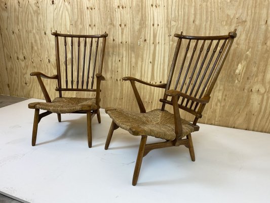 Vintage Beech Spindle High Back Lounge Chairs Set from De Ster Gelderland, 1950s, Set of 2-DE-914477