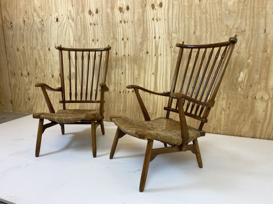 Vintage Beech Spindle High Back Lounge Chairs Set from De Ster Gelderland, 1950s, Set of 2-DE-914477