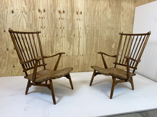 Vintage Beech Spindle High Back Lounge Chairs Set from De Ster Gelderland, 1950s, Set of 2-DE-914477