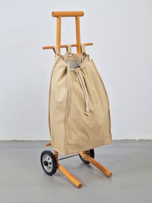 Vintage Beech Wood & Canvas Bag Shopping Trolley Cart, 1960s-AXJ-2022479