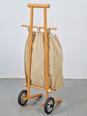 Vintage Beech Wood & Canvas Bag Shopping Trolley Cart, 1960s-AXJ-2022479