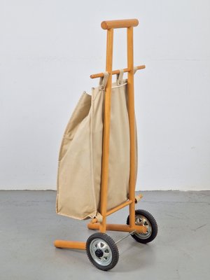 Vintage Beech Wood & Canvas Bag Shopping Trolley Cart, 1960s-AXJ-2022479