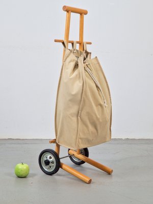 Vintage Beech Wood & Canvas Bag Shopping Trolley Cart, 1960s-AXJ-2022479