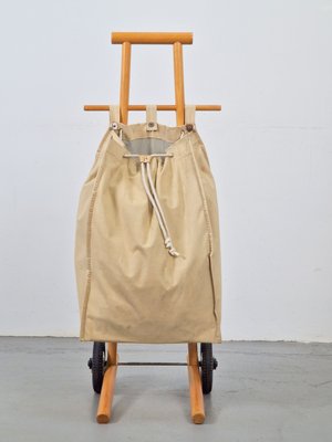 Vintage Beech Wood & Canvas Bag Shopping Trolley Cart, 1960s-AXJ-2022479