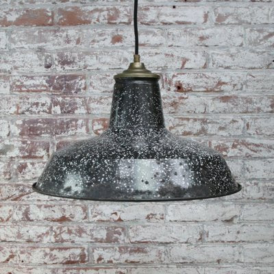 Vintage Belgian Industrial Black Speckled Enamel Pendant Light-BLS-1122200