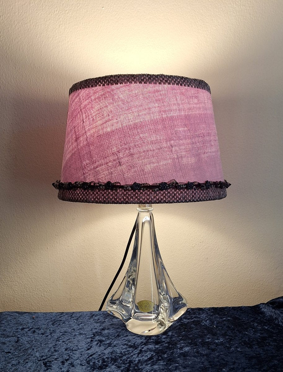 Vintage Belgian Table Lamp with Clear Crystal Glass Base from Christalleries De Val St Lambert and Pink Handmade Fabric Shade from Lamplove, 1970s