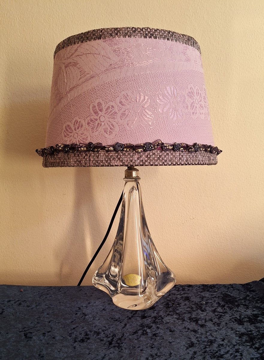 Vintage Belgian Table Lamp with Clear Crystal Glass Base from Christalleries De Val St Lambert and Pink Handmade Fabric Shade from Lamplove, 1970s