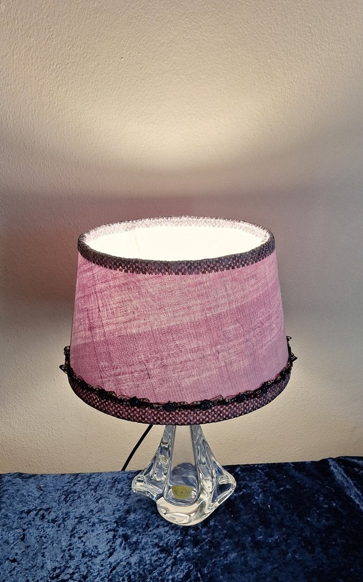 Vintage Belgian Table Lamp with Clear Crystal Glass Base from Christalleries De Val St Lambert and Pink Handmade Fabric Shade from Lamplove, 1970s