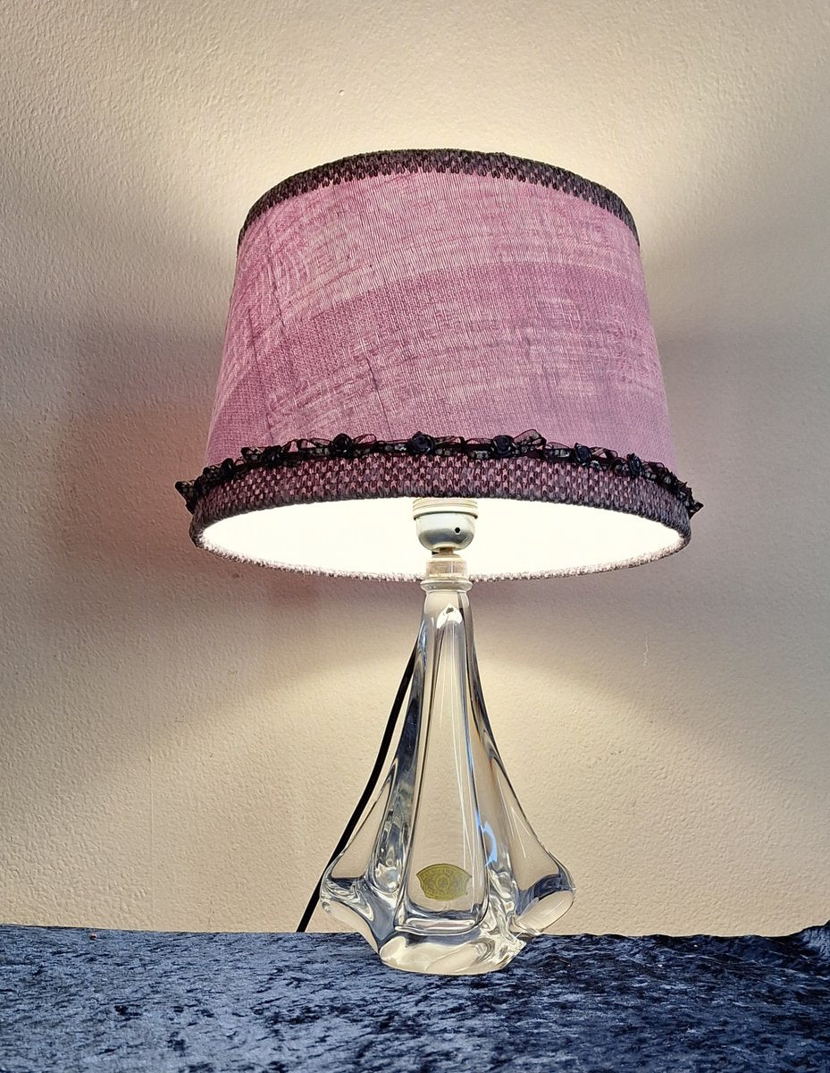 Vintage Belgian Table Lamp with Clear Crystal Glass Base from Christalleries De Val St Lambert and Pink Handmade Fabric Shade from Lamplove, 1970s