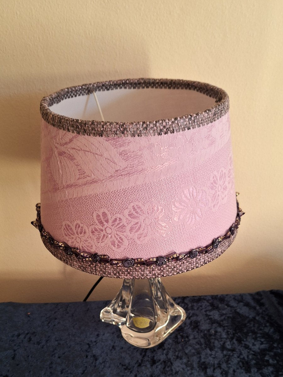 Vintage Belgian Table Lamp with Clear Crystal Glass Base from Christalleries De Val St Lambert and Pink Handmade Fabric Shade from Lamplove, 1970s