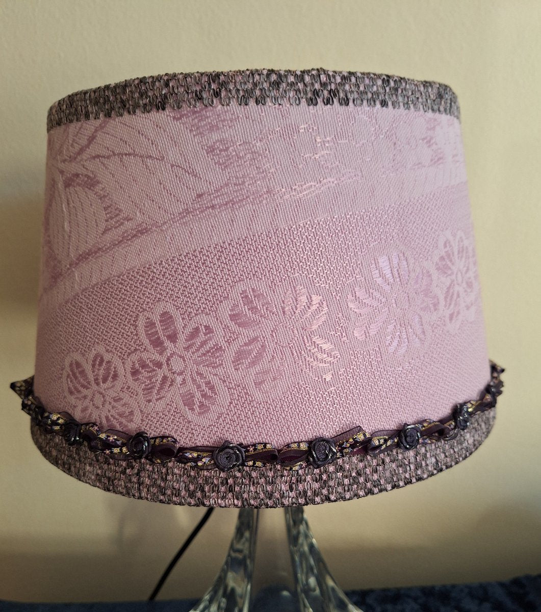 Vintage Belgian Table Lamp with Clear Crystal Glass Base from Christalleries De Val St Lambert and Pink Handmade Fabric Shade from Lamplove, 1970s