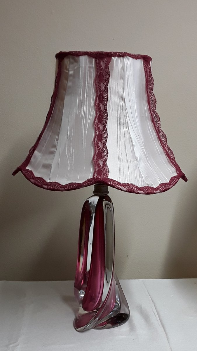 Vintage Belgian Table Lamp with Red Undertaking Block Glass Foot & White Fabric Umbrella with Red Edges of Christalleries De Val St Lambert, 1970s