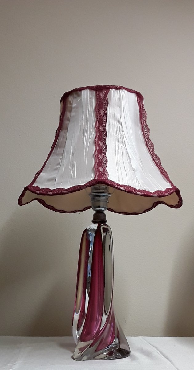 Vintage Belgian Table Lamp with Red Undertaking Block Glass Foot & White Fabric Umbrella with Red Edges of Christalleries De Val St Lambert, 1970s