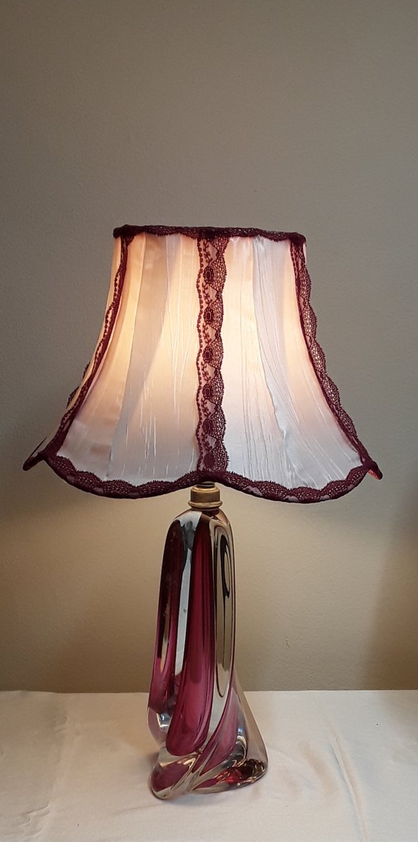 Vintage Belgian Table Lamp with Red Undertaking Block Glass Foot & White Fabric Umbrella with Red Edges of Christalleries De Val St Lambert, 1970s