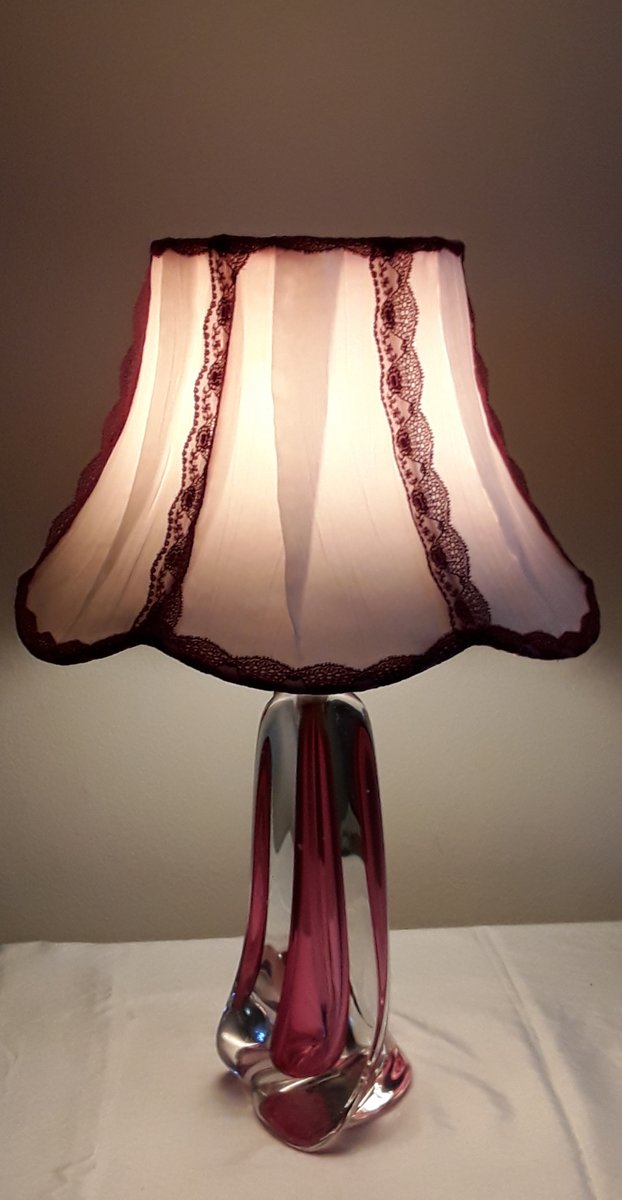 Vintage Belgian Table Lamp with Red Undertaking Block Glass Foot & White Fabric Umbrella with Red Edges of Christalleries De Val St Lambert, 1970s