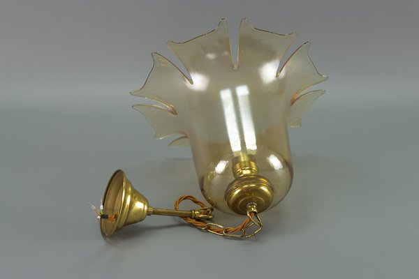 Vintage Bell-Shaped Glass and Brass Pendant Lamp-KEG-943796