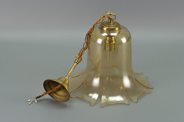 Vintage Bell-Shaped Glass and Brass Pendant Lamp-KEG-943796