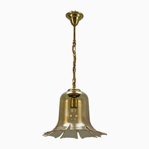 Vintage Bell-Shaped Glass and Brass Pendant Lamp-KEG-943796