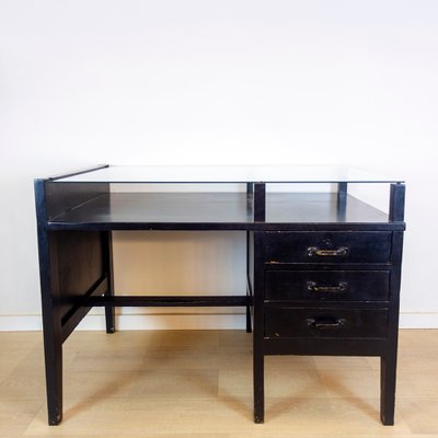 Vintage Black Desk with Glass Top, 1970s-CQZ-688680