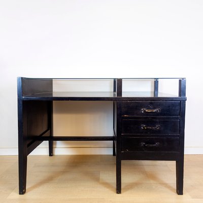 Vintage Black Desk with Glass Top, 1970s-CQZ-688680