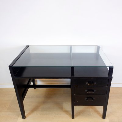 Vintage Black Desk with Glass Top, 1970s-CQZ-688680