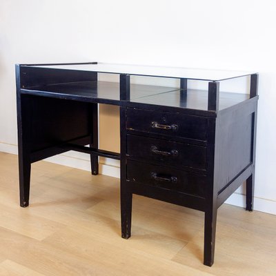 Vintage Black Desk with Glass Top, 1970s-CQZ-688680