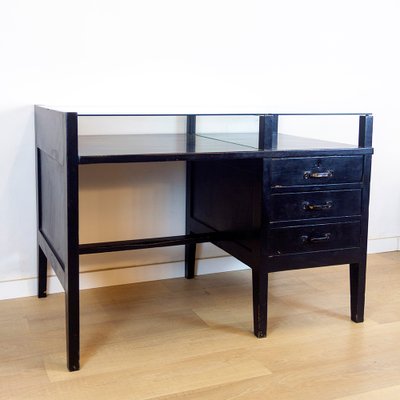 Vintage Black Desk with Glass Top, 1970s-CQZ-688680