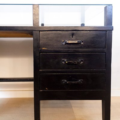 Vintage Black Desk with Glass Top, 1970s-CQZ-688680