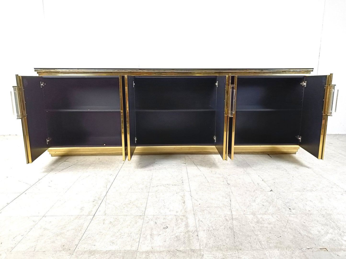 Vintage Black Lacquered and Black Glass Credenza, 1980s