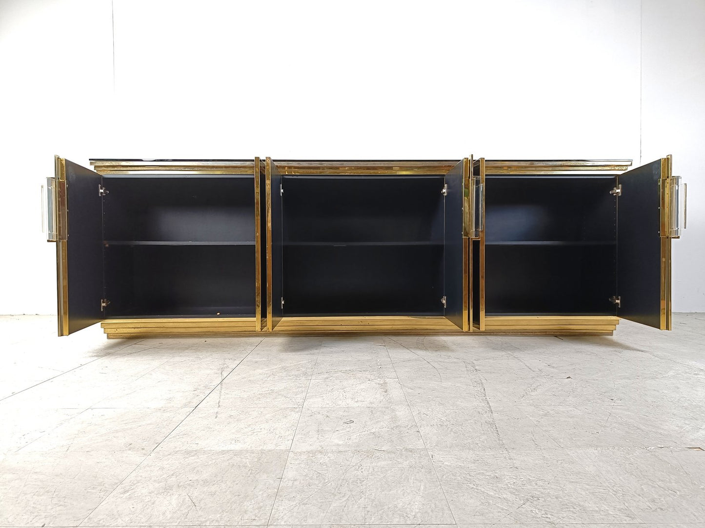 Vintage Black Lacquered and Black Glass Credenza, 1980s