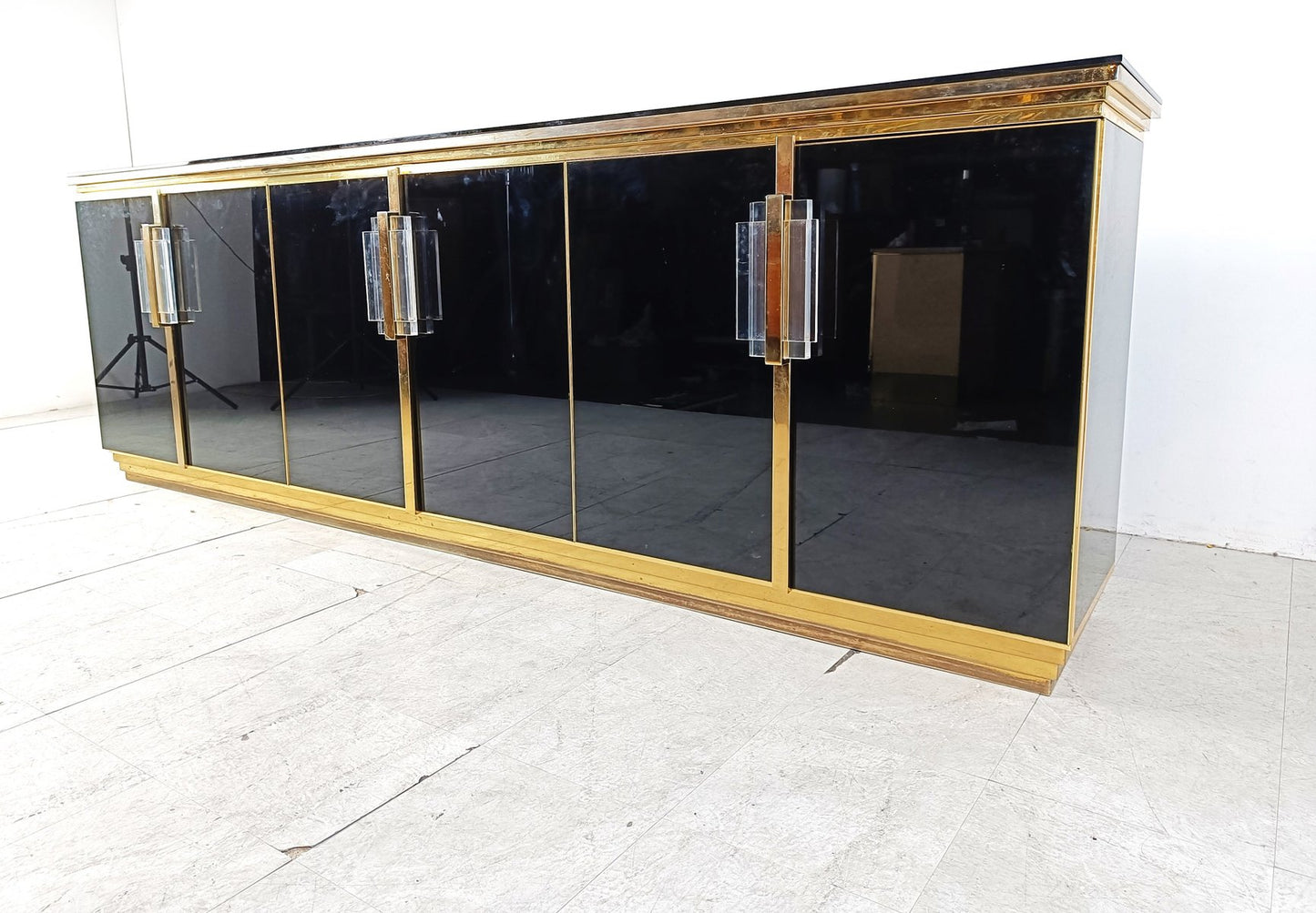 Vintage Black Lacquered and Black Glass Credenza, 1980s