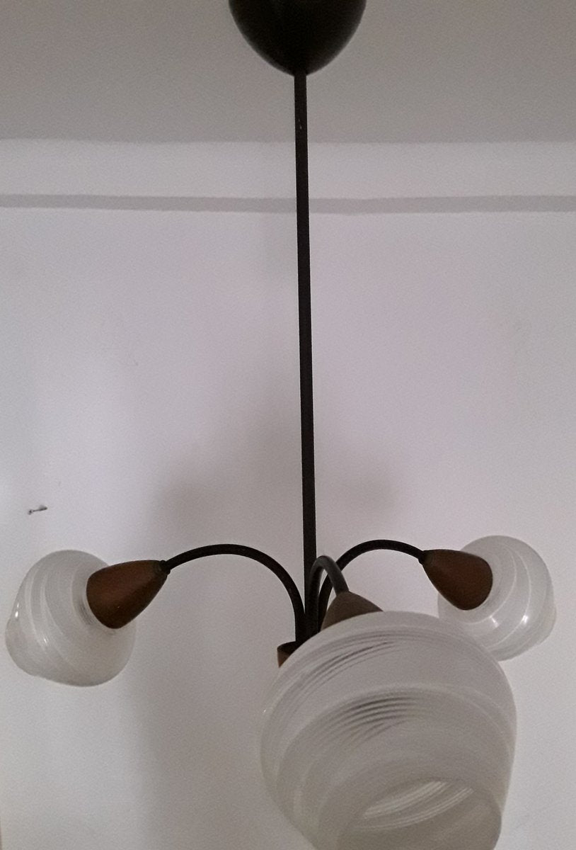 Vintage Black Lacquered Metal Frame, Teak, White Lacquered Glass Shades & Brass Finish 3-Arm Ceiling Lamp, 1970s