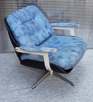 Vintage Black Leatherette & Blue Fabric Rotating Bucket Seat with Chromed Steel Frame, 1960s-HOI-919646