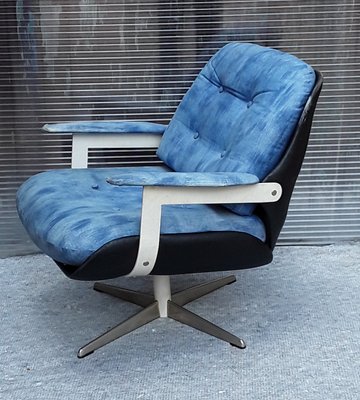 Vintage Black Leatherette & Blue Fabric Rotating Bucket Seat with Chromed Steel Frame, 1960s-HOI-919646