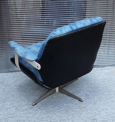 Vintage Black Leatherette & Blue Fabric Rotating Bucket Seat with Chromed Steel Frame, 1960s-HOI-919646