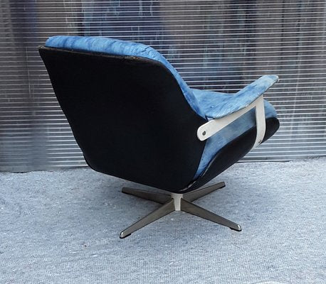 Vintage Black Leatherette & Blue Fabric Rotating Bucket Seat with Chromed Steel Frame, 1960s-HOI-919646