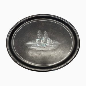 Vintage Black Oval Metal Tray, 1970s-VHW-2016010