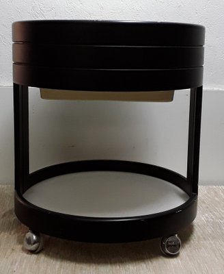 Vintage Black Painted Press Wood with White Plywood Lids Round Side Sewing Tables on Rolls, 1970s-HOI-1153532