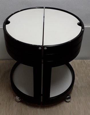 Vintage Black Painted Press Wood with White Plywood Lids Round Side Sewing Tables on Rolls, 1970s-HOI-1153532