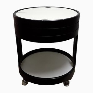 Vintage Black Painted Press Wood with White Plywood Lids Round Side Sewing Tables on Rolls, 1970s-HOI-1153532