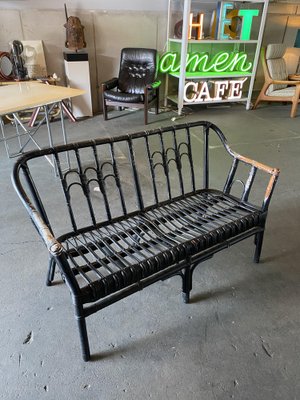 Vintage Black-Painted Rattan Bench-JO-1705587