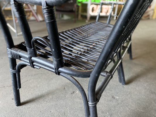 Vintage Black-Painted Rattan Bench-JO-1705587