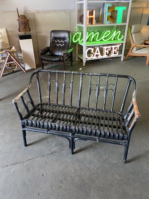 Vintage Black-Painted Rattan Bench-JO-1705587